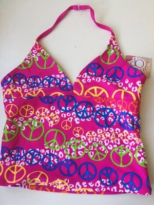 NWT GIRLS HALTER TANKINI SWIM TOP Large (Girls 10-12) Pink Peace Signs Summer - Image 1 of 4