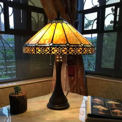 Tiffany Style Mission 2-Light Table Lamp Amber Brown Stained Glass Bronze Finish - Image 1 of 2