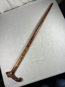 Antique "ZAKOPANE 2001" CARVED & DECORATED CANE with CARVED DOG HEAD HANDLE - Picture 1 of 13