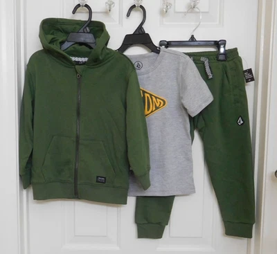 Novo com etiquetas 3 peças conjunto de moletom Volcom com capuz oliva logotipo camisa e joggers tamanho 3t ou 4t - Imagem 1 de 2