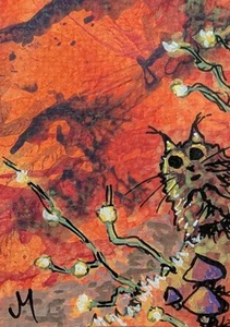 ACEO Katze Gemälde Vogel Original Wald Landschaft Volkskunst von Josh Merritt - Bild 1 von 1