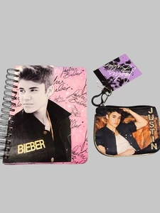 Vintage NEU jung Justin Bieber Canvas schwarz/gold Geldbörse Schlüsselanhänger & Notizbuch  - Bild 1 von 4