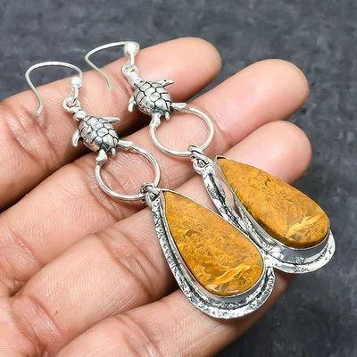 Pendiente de joyería de plata de ley 925 hecho a mano con piedras preciosas de coral fósil 3,27" J990 Foto 1 de 3