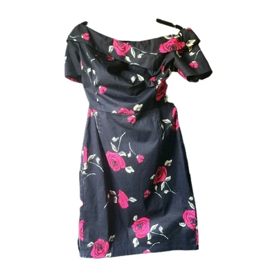 Belle Poque Off Shoulder Dress Womens Large Black Pink Floral Romantic Retro 50s - Image 1 of 4