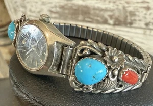 Sterling Silver Turquoise And Coral Watch Stretch Band Vintage - Picture 1 of 7