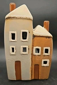 Village Pottery Grey Brown double tall house Tealight Holder art pottery - Picture 1 of 7