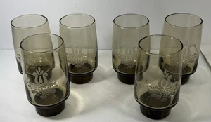 Set of 6 Pfaltzgraff VILLAGE Smoke Brown Stenciled 14 oz Tumbler Glasses MINT - Picture 1 of 4