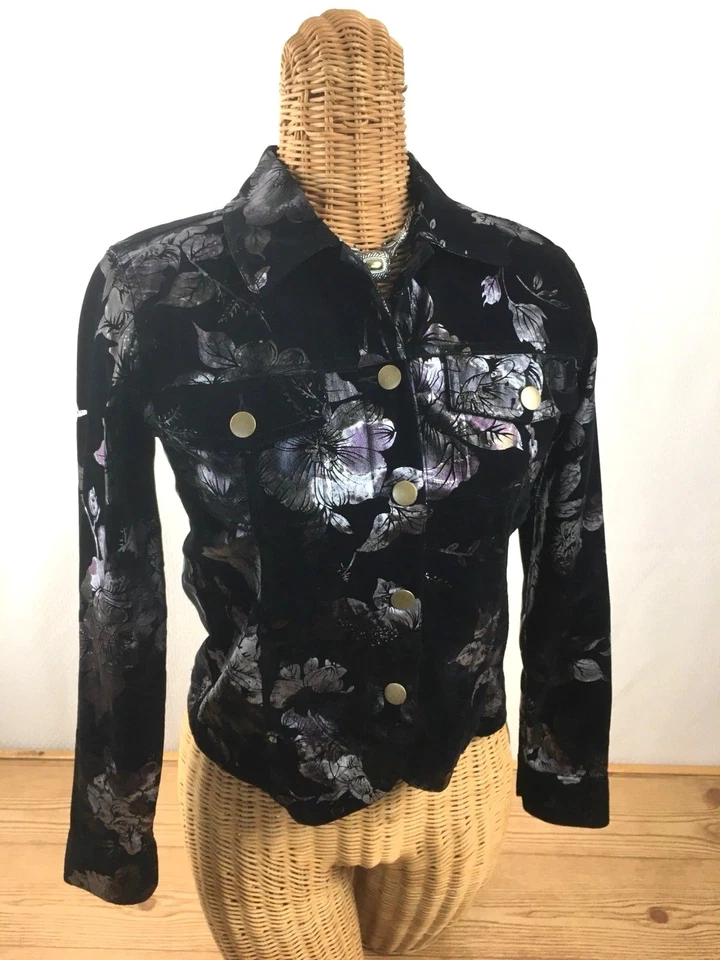 БАМБУКОВЫЕ ТРЕЙДЕРЫ женщин черный/фиолетовый/серебро цветочный печать куртка размер PS (2-4) - Изображение 1 из 1