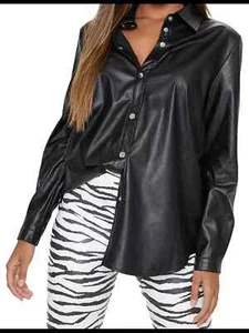 New Women's Shirt Black Soft Genuine Lambskin Handmade Leather Casual Stylish - Picture 1 of 6