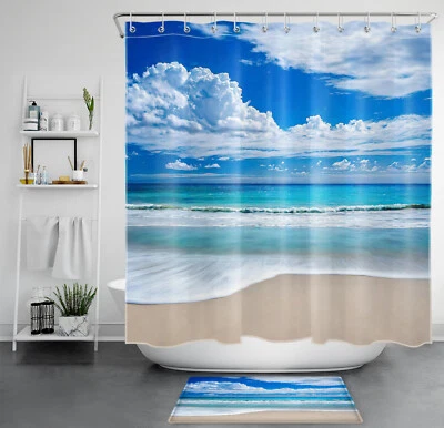 Juego de cortinas de ducha azul cielo naturaleza paisaje océano playa para decoración de baño Foto 1 de 4