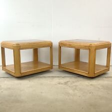 Vintage Oak End Tables With Glass Tops