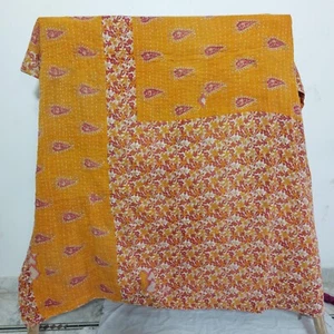 Vintage Kantha Yellow Quilt Bedspread Indian Handmade Throw Cotton Blanket - Picture 1 of 2