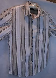 Tasso Elba Brown Beige White Striped Cotton Shirt EUC SZ M Front Button - Picture 1 of 9
