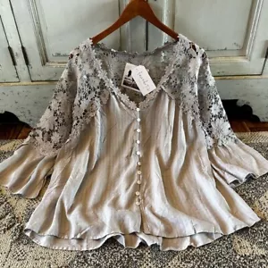 Camicia da donna XL nuova grigio boho pizzo CottageCore Peasant vintage anni '70 taglia X-LARGE - Foto 1 di 7