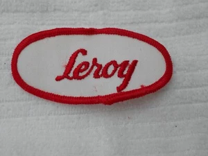 LEROY USED EMBROIDERED VINTAGE SEW ON NAME PATCH TAGS OVAL  RED ON WHITE - Picture 1 of 2