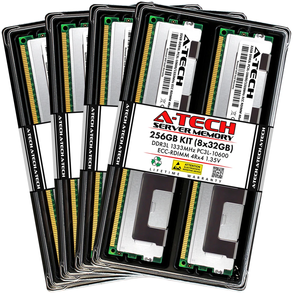 A-Tech 256GB 8 x 32GB 4Rx4 PC3L-10600R RDIMM DDR3-1333 ECC REG Server Memory RAM - Image 1 of 4