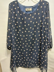 D J T Fasions Woman's Blouse Navy Blue With Tan Dots Longsleeve - Picture 1 of 10