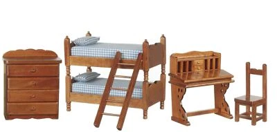 Dolls House Walnut Bedroom Furniture Set with Bunk Bed & Desk Miniature 1:12 - Image 1 of 4