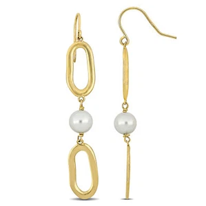 Amour 10k Yellow Gold 6.5-7mm Cultured Freshwater Pearl Oval Link Drop Earrings - Picture 1 of 5