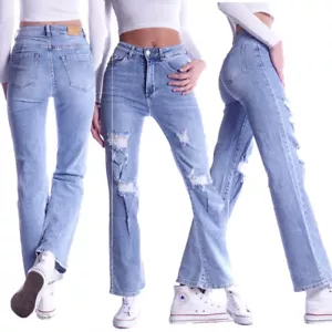Damen High Waist Jeans Ripped Straight Leg Gerader Schnitt Bootcut Wide Leg H67 - Bild 1 von 5
