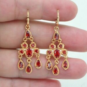 Created 2.10Ct Round Cut Red Ruby Chandelier Earrings in 14K Yellow Gold Over