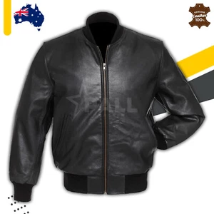 New Men's Real Leather Bomber Jacket Pure Lambskin Classic Black Varsity Style - Picture 1 of 4