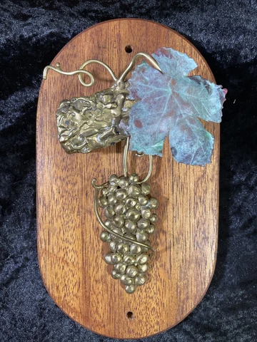 DOOR KNOCKER - Unusual Brass & Verdigris Copper Grapes & Leaves on Wooden Plaque Cover