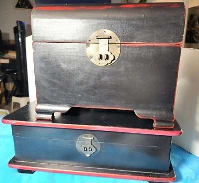 Two Wooden Chests With Metal Closures Black With Dark Red Accents Felt Inside  - Image 1 of 4