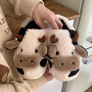 Women Cute Cow Slippers Moo Slippers Fluffy Cozy Animal Print Winter Warm Relief - Picture 1 of 15