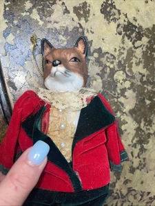 Vintage Kurt Adler Mr Fox Ornament Christmas Ceramic Velour Green Red 7.5" Rare - Picture 1 of 9