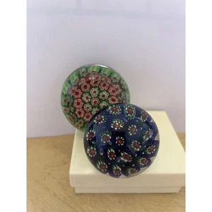 2 MURANO Millefiori Paperweights Red/ Blue & Red/Green Floral Glass Vintage - Picture 1 of 8