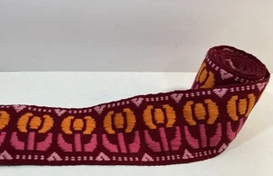Vintage Boho Cotton Strap Trim Tulip Flower Embroidered 2.5” Wide x 2 Yards - Picture 1 of 6