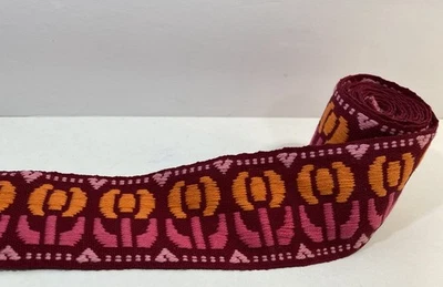 Vintage Boho Cotton Strap Trim Tulip Flower Embroidered 2.5” Wide x 2 Yards - Image 1 of 4