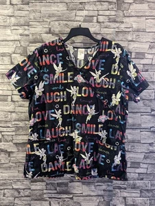 Disney Tinkerbell 'Love Dance Smile Laugh' nero scrub top donna taglia L - Foto 1 di 10