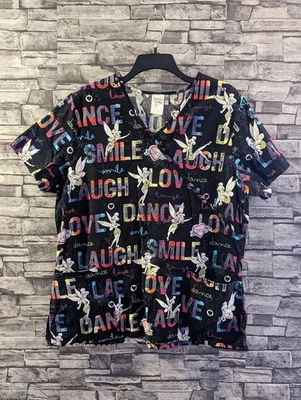 Disney Tinkerbell 'Love Dance Smile Laugh' Black Scrub Top Women's Size L - Image 1 of 4