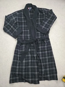 CHAPS Mens Black Gray Plaid Fleece Robe Black Collar Belt OS Nightgown - Picture 1 of 10