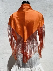 Vintage Spanish Handmade Orange Shawl Lightweight XL Fringe Small Size - Picture 1 of 9