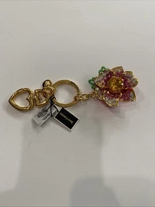 NEW Juicy Couture Charm Keychain Rhinestone CRYSTAL FLOWER KEYFOB PINK HEART - Picture 1 of 13