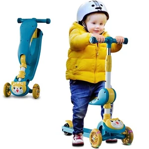 Kids Scooter w 3 LED Light Wheels, Adjustable Height Foldable Seat Sit or Stand - Picture 1 of 7