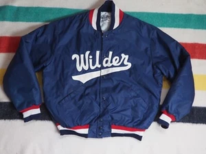 VTG 80s DeLong Navy Blue White Wilder USA Nylon Snap Satin Bomber Jacket Mens XL - Picture 1 of 8