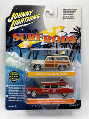 Johnny Lightning Surf Rods Twin Pack - 1950 Mercury Woody Wagon/1959 Cadillac Am - Image 1 of 2