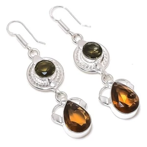 Hessonite Garnet Gemstone Handmade 925 Sterling Silver Jewelry Earring Size 2.2" - Picture 1 of 1