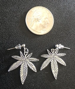 New Marijuana Leaf Charm Post Earrings, 1” X 1”, Antiqued Silver Metal Alloy - Picture 1 of 2