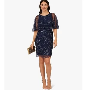 NWT Adrianna Papell Sparkle Beaded Mesh Popover Dress Cocktail Evening Navy Sz 4 - Picture 1 of 11