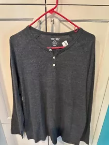 Top uomo vintage vecchio grigio navy manica lunga XL 3 bottoni Henley nuovo - Foto 1 di 3