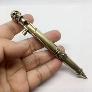 Skull Head Brass Bolt Action Ball Pen Outdoor EDC Pocket Pen Metal G2 Refill - Picture 1 of 9
