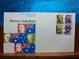 First Day Cover 📮 1973 (4 stamps) Famous Australians 📮 Rockhampton QLD - Picture 1 of 2