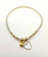Sterling Silver 925 & gold bead Bracelet stacking & double hearts charm stretch