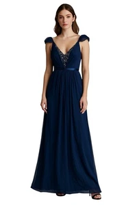 Mikael Aghal Silk Maxi Gown Blue Beaded Prom Formal Event Dress Size 0 - Picture 1 of 15