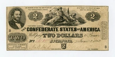 1862 T-42 $2 The Confederate States of America Note - CIVIL WAR Era - Image 1 of 2